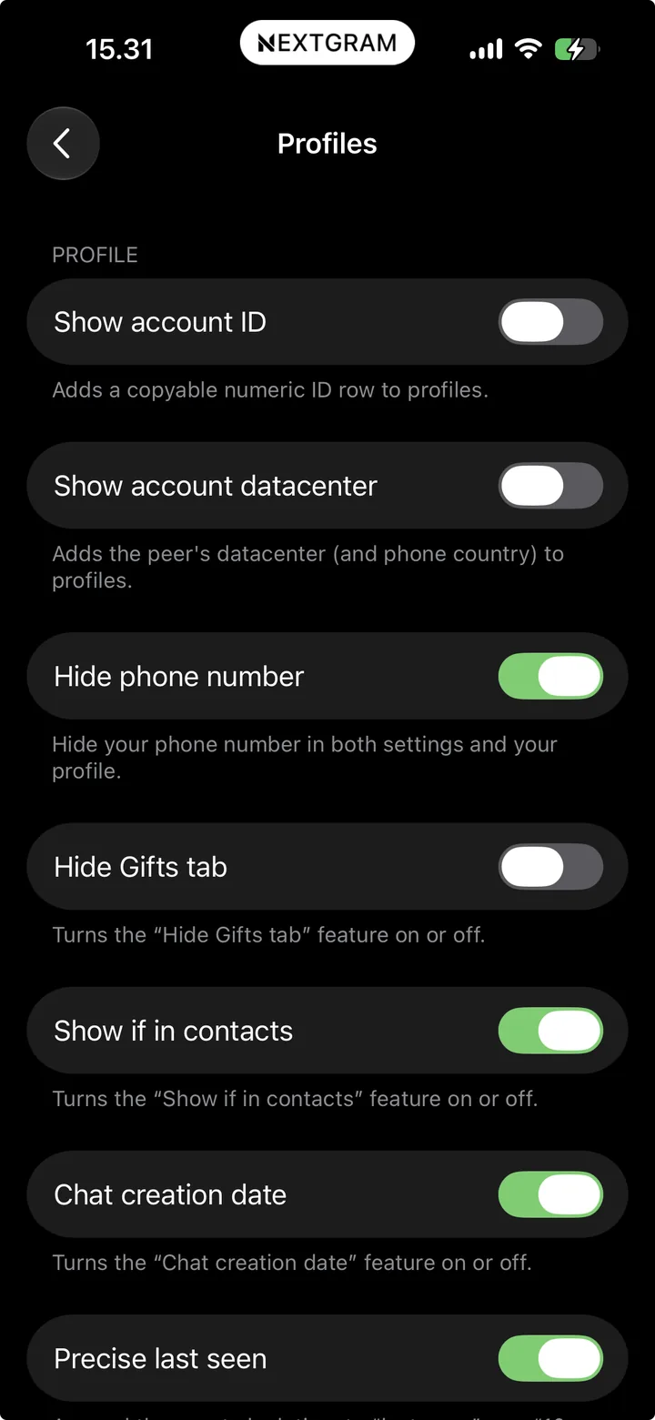 Nextgram privacy settings